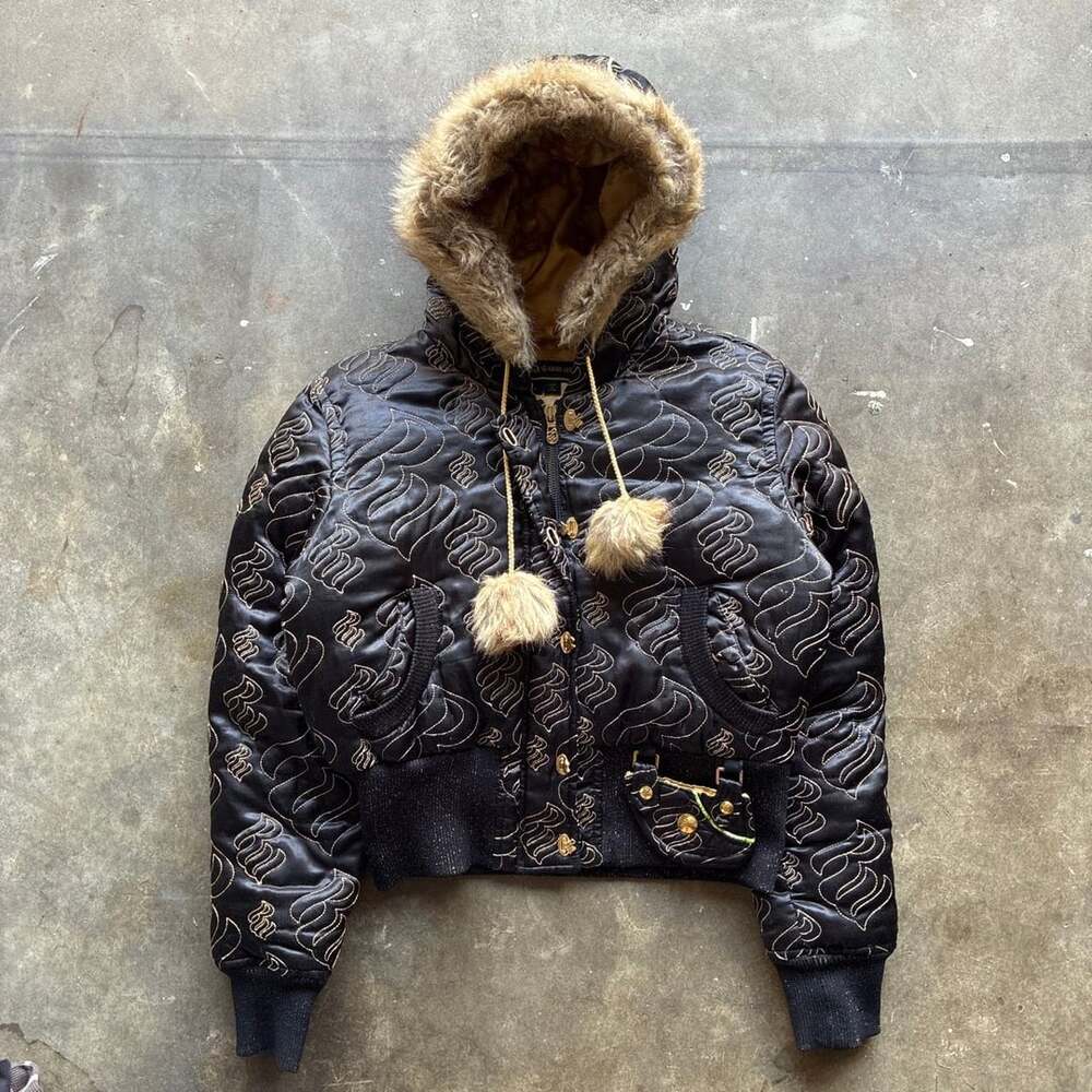 Y2K Rocawear Monogram Puffer Jacket XL Black Gold Faux Fur Hood